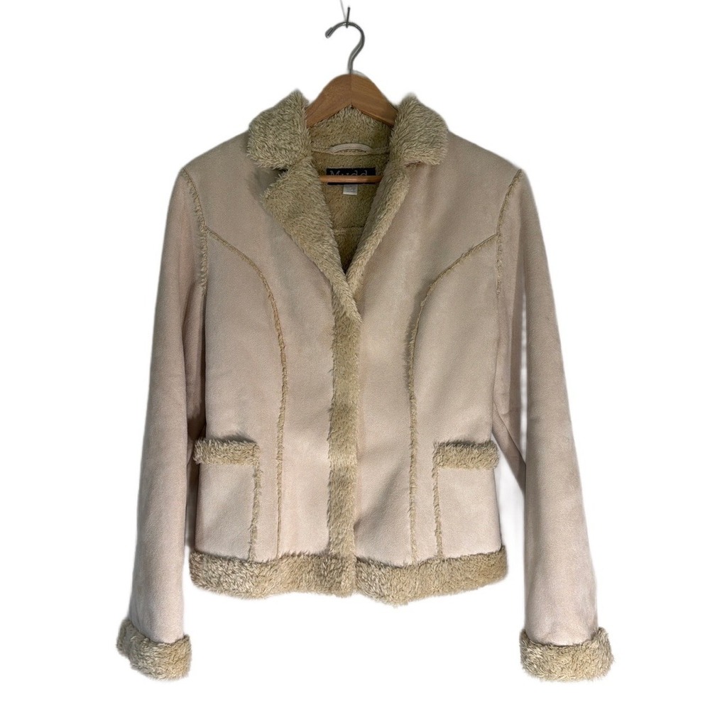 Vintage Mudd Jacket Faux Fur Lined Suede Y2K Teddy Cream‎ Button Up Retro Sz S